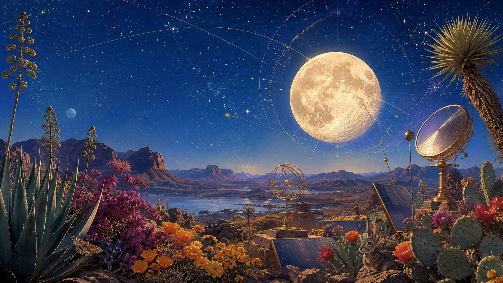 A luminous moon rises above a colorful desert observatory surrounded by agave, wildflowers, and celestial instruments.
